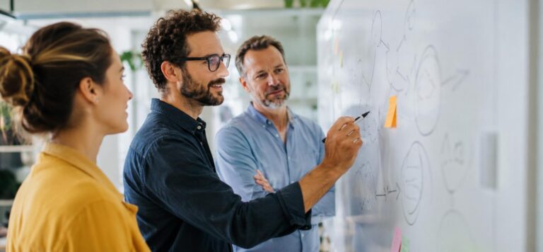 Team plant Inhalte an einem Whiteboard – Sinnbild für die Newsletter-Planung mit KI